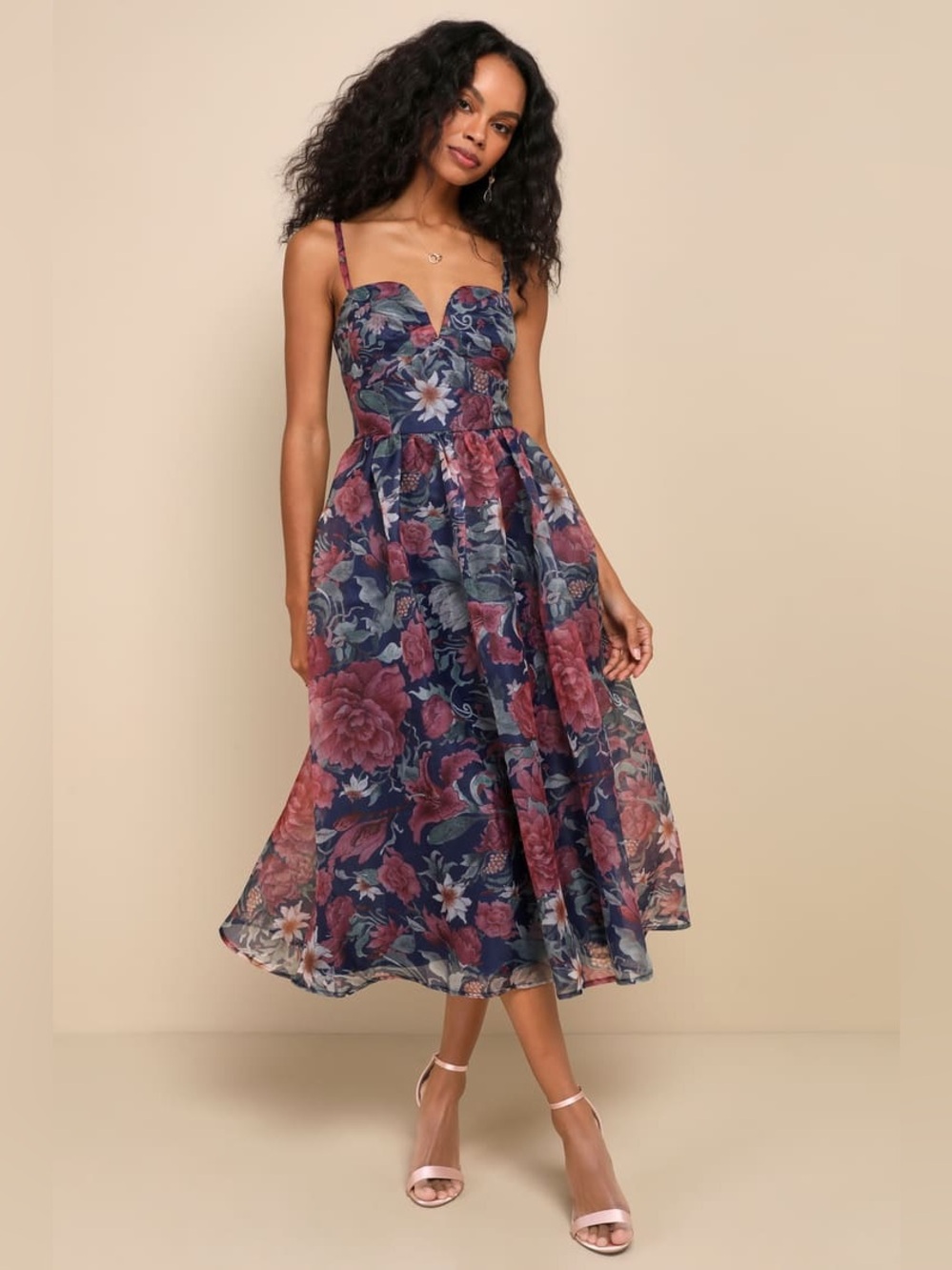 Lulus Cherished Aura Navy Blue Floral Organza Bustier Midi Dress